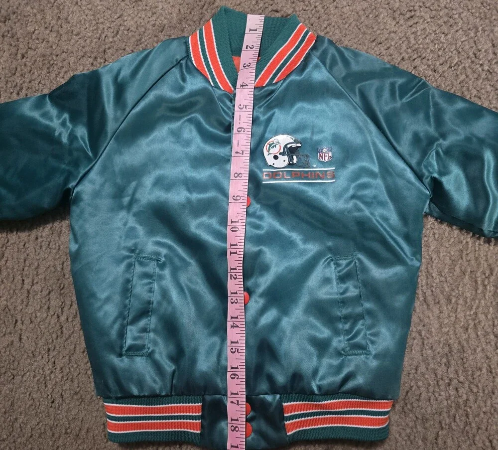 VTG 90s NFL MIAMI DOLPHINS CHALK LINE SATIN JACKET BOMBER SPELLOUT KIDS SZ 6/7